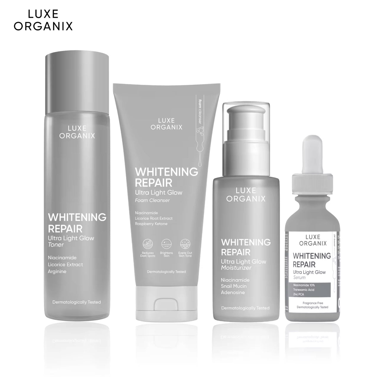 Luxe Organix Whitening Repair Niacinamide Toner 150mL, Cleanser 150mL, Moisturizer 80ml, & Serum 30ml Bundle