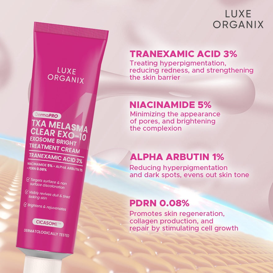 LUXE ORGANIX DermaPRO TXA Melasma Clear Exo-10 Exosome Bright Treatment Cream, Toner, Serum 30g