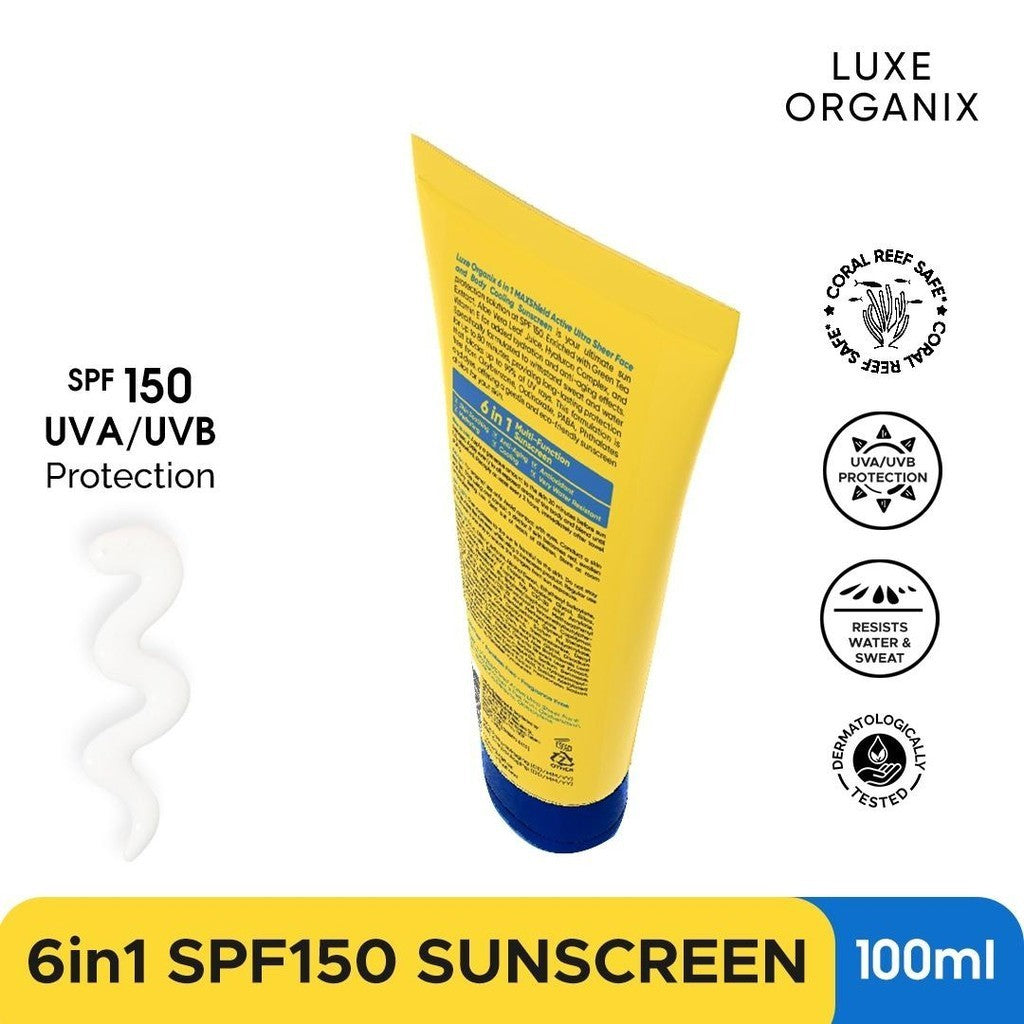 Luxe Organix SPF 150 PA++++ UVA/UVB Protection 6in1 Maxshield Active Ultra Sheer Face & Body Sunscreen 100ml