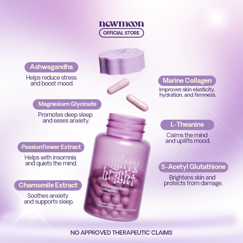 NEW MOON Nighty Bright Ashwagandha 500mg 60 CAPSULE with Hydrolized Marine Collagen