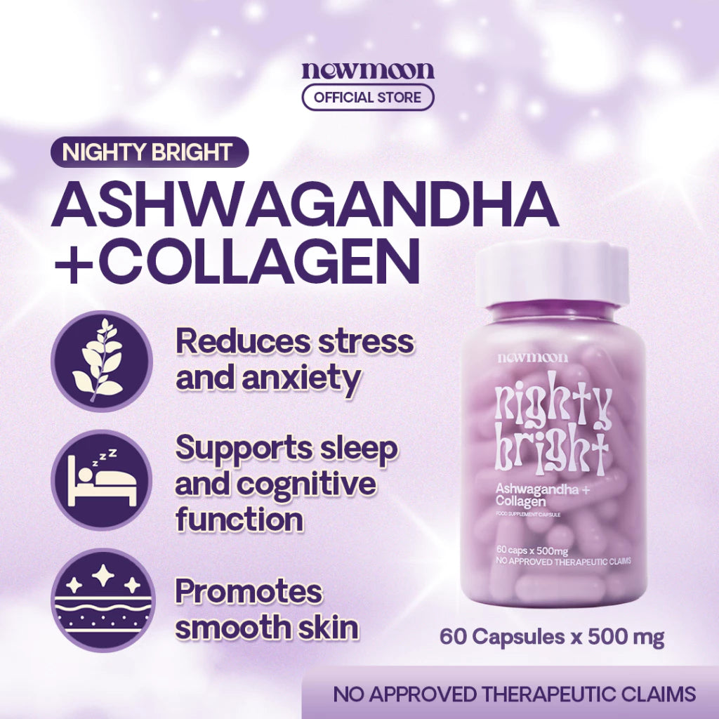 NEW MOON Nighty Bright Ashwagandha 500mg 60 CAPSULE with Hydrolized Marine Collagen