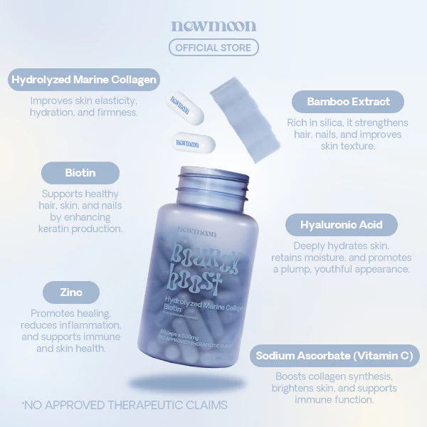 New Moon Bouncy Boost Collagen + Biotin 500mg 60 CAPSULE with Hydrolyzed Marine Collagen, Biotin