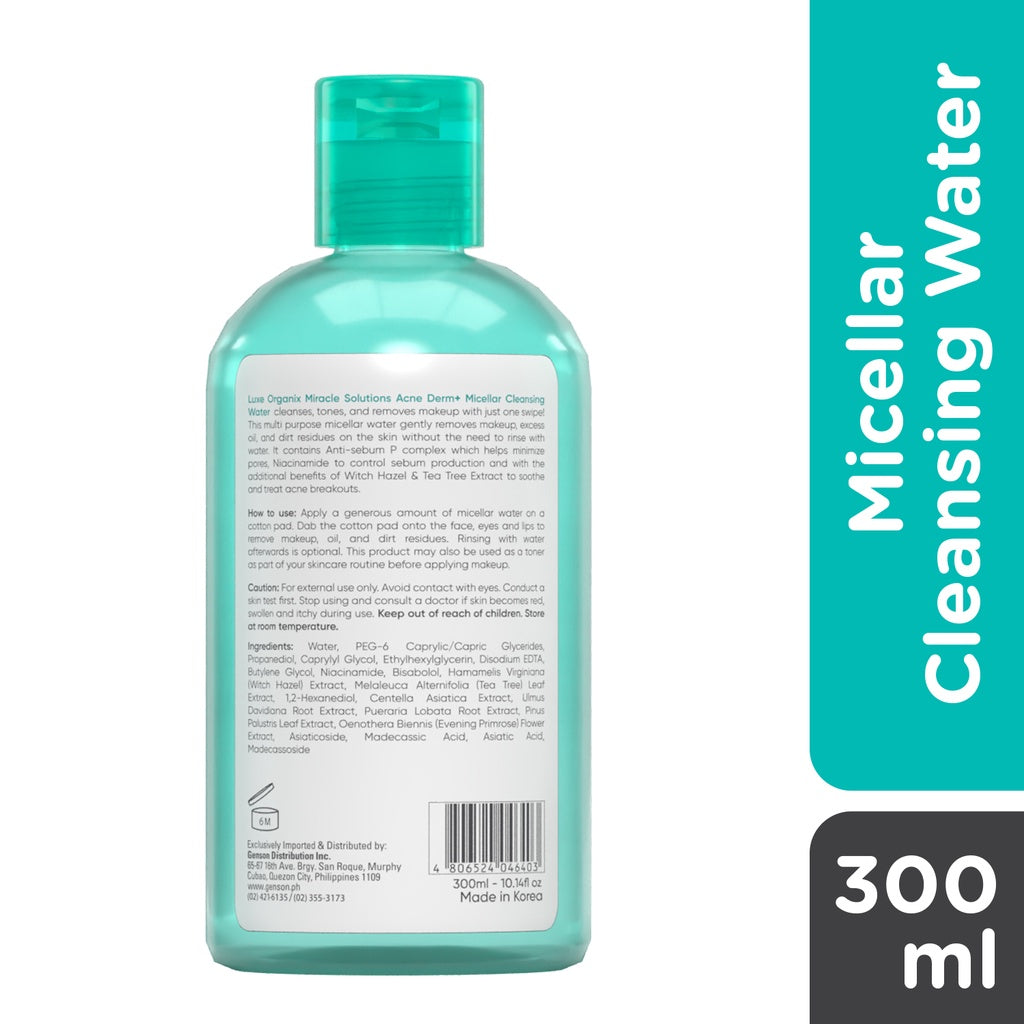 Luxe Organix Miraclle Solutions Acne Derm+ Micellar Cleansing Beauty Water 300mL