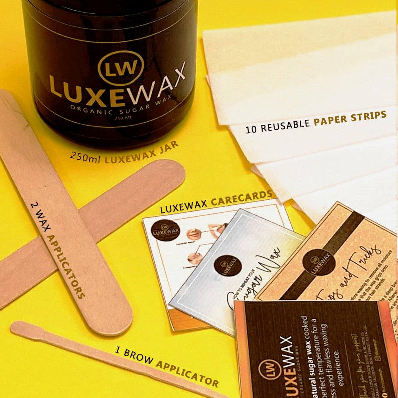 Luxewax Organic Sugar Wax Kit or Sunflower Oil (Jar, Wax & Brow Applicators, Strips, Care Card) (Authentic, Authorized Seller) Luxe Wax Sugar Wax Hair Removal DIY