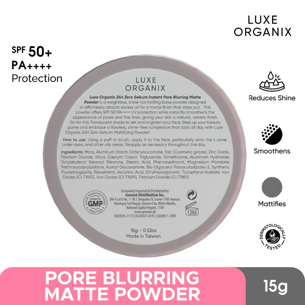 Luxe Organix 24H Zero Sebum Instant Pore Blurring Weightless Matte Powder SPF 50 PA++++ Natural | Translucent 15g