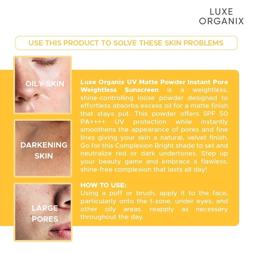 LUXE ORGANIX UV Matte Powder Instant Pore Filter Weightless Sunscreen Complexion Bright/ Correct 15g