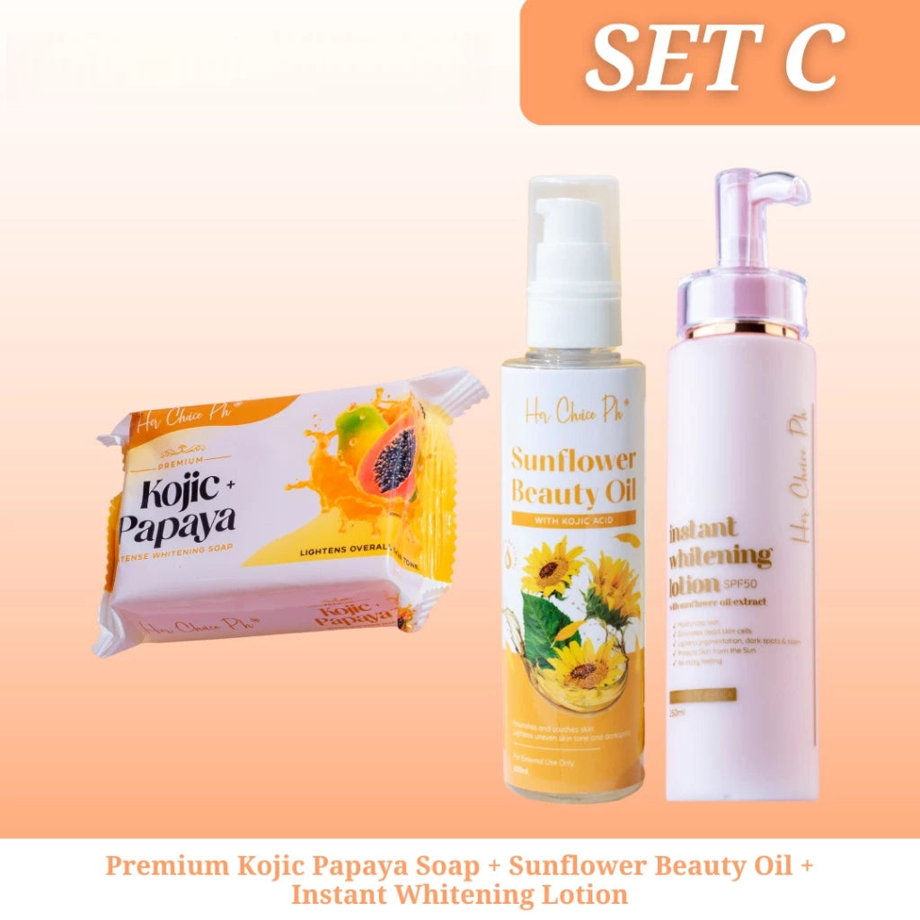 Her Choice Ph Set C Ultimate Whitening Combo: Kojic Soap, Whitening Lotion, Sunflower Oil